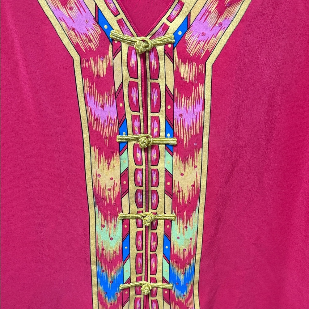 Diane Gilman Hot Pink Embroidered V-Neck Tunic with Multicolor Trim - Picture 5 of 7